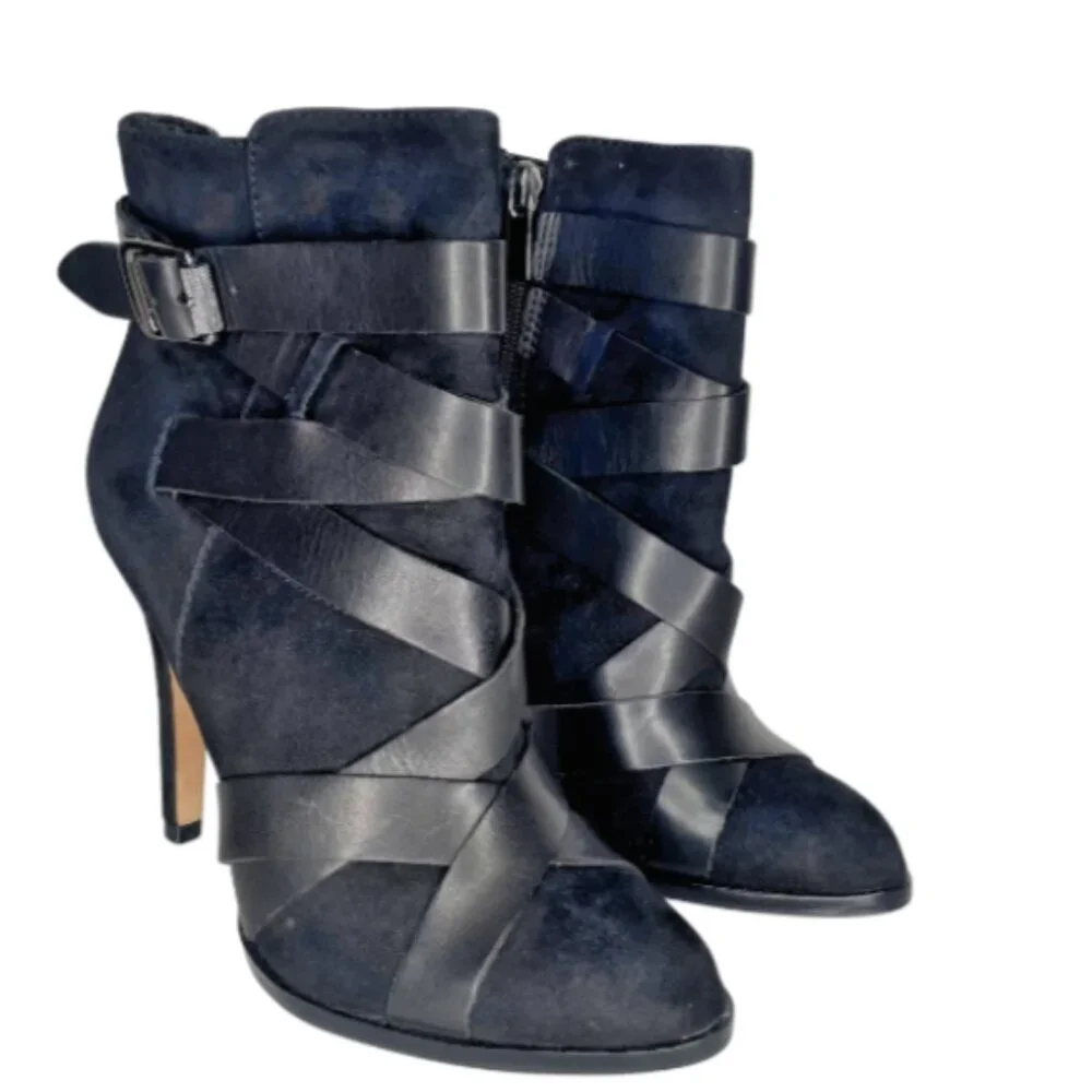 Sam Edelman Navy Suede Strappy Stiletto Ankle Booties Size 6.5